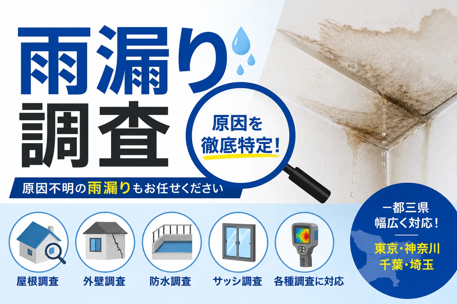 【2026年最新版】雨漏り調査で原因が分からない方へ|散水調査・サーモグラフィー・ドローン調査を徹底解説